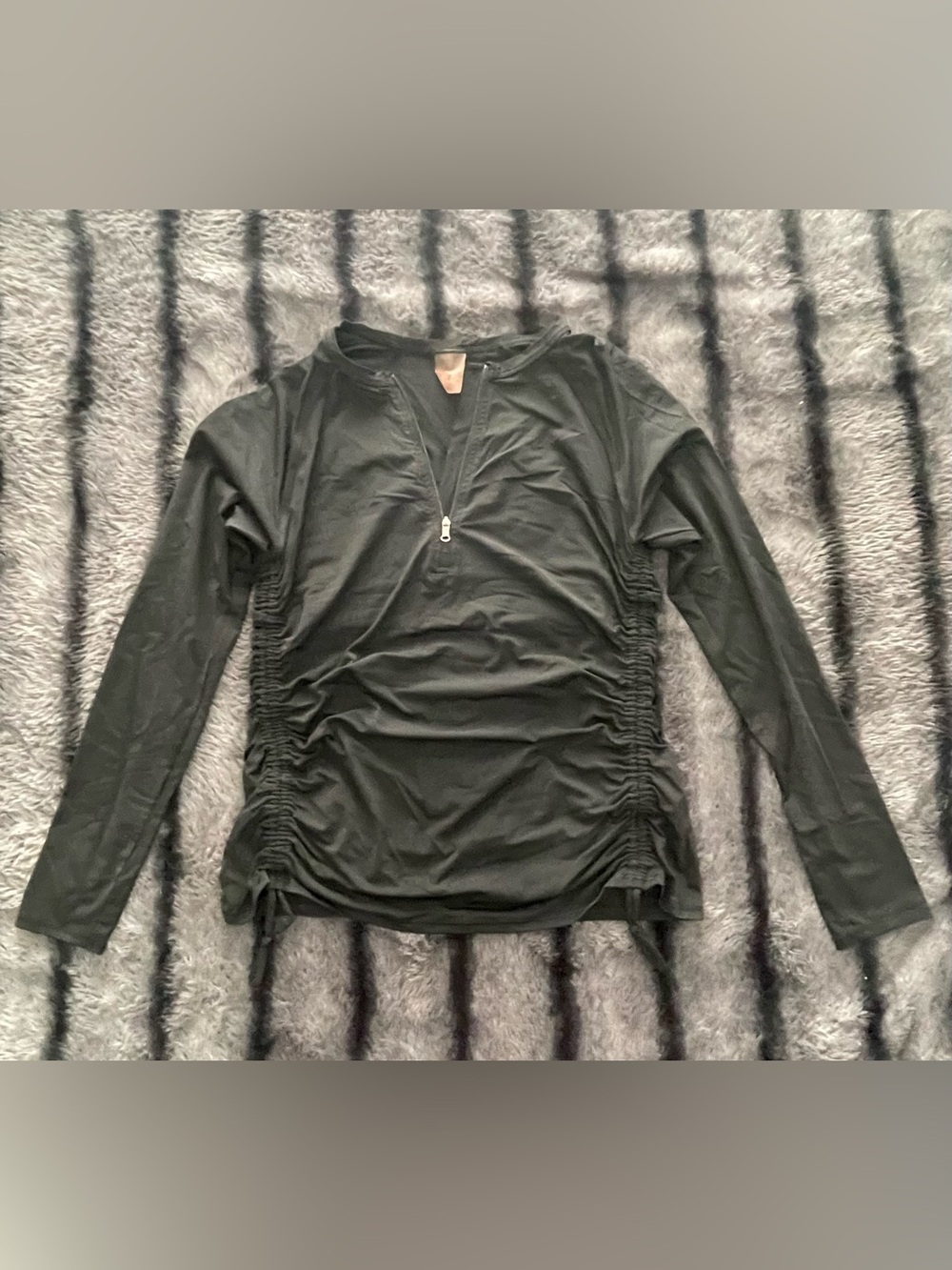 Alia Black Long-Sleeve Ruched Zip Front Top